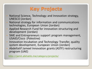 Key Projects
• Innovation and Entrepreneurship center at the German Jordanian
University, GIZ/CIM (Jordan)
• National Science, Technology and Innovation strategy, UNESCO
(Jordan)
• National strategy for information and communications
technologies, European Union (Jordan)
• Applied Research Fund for innovation structuring and development
(Jordan)
• SME and Entrepreneurs support program management,
USAID/Cisco (Palestine)
• Innovation Incubation and Technology Transfer, quality system
development, European Union (Jordan)
• Abdellatif Jameel Innovation grants (ASTF) restructuring program
(UAE)
http://jamil.alkhatib.me/category/projects/
 
