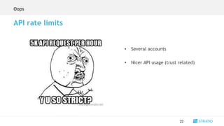 • Several accounts
• Nicer API usage (trust related)
22
API rate limits
Oops
 