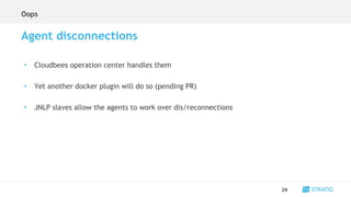 • Cloudbees operation center handles them
• Yet another docker plugin will do so (pending PR)
• JNLP slaves allow the agents to work over dis/reconnections
24
Agent disconnections
Oops
 