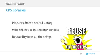 Treat well yourself
27
CPS libraries
Pipelines from a shared library
Mind the not-such singleton objects
Reusability over all the things
 