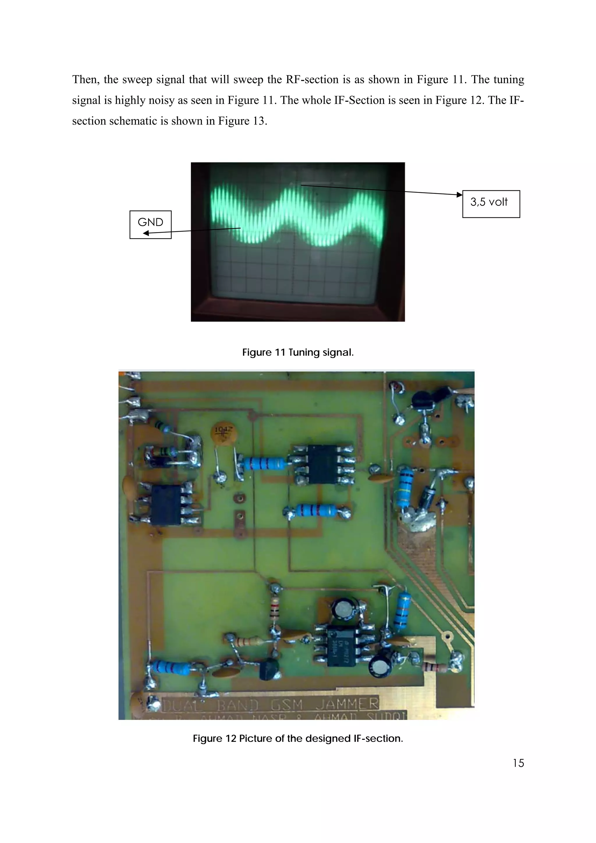 Then, the sweep signal that will sweep the RF-section is as shown in Figure 11. The tuning
signal is highly noisy as seen in Figure 11. The whole IF-Section is seen in Figure 12. The IF-
section schematic is shown in Figure 13.




                                                                                   3,5 volt
             GND




                                   Figure 11 Tuning signal.




                         Figure 12 Picture of the designed IF-section.

                                                                                              15
 