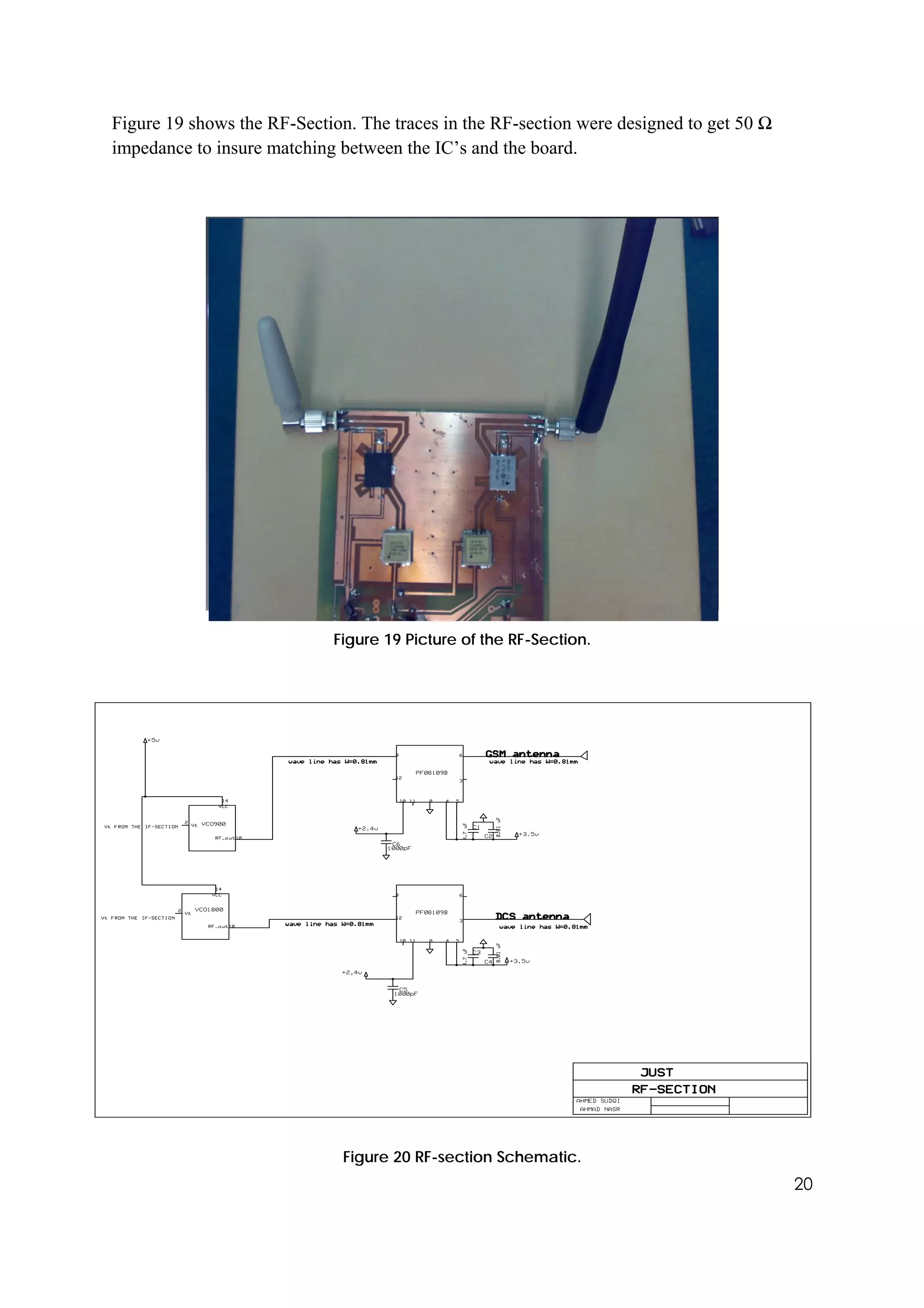 Figure 19 shows the RF-Section. The traces in the RF-section were designed to get 50 Ω
impedance to insure matching between the IC’s and the board.




                            Figure 19 Picture of the RF-Section.




RF-Section Schematic:




                              Figure 20 RF-section Schematic.
                                                                                         20
 