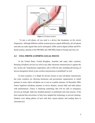 Figure 1: Cell phone jammer 
To jam a cell phone, all you need is a device that broadcasts on the correct 
frequencies. Although different cellular systems process signals differently, all cell-phone 
networks use radio signals that can be interrupted. GSM, used in digital cellular and PCS-based 
3 
systems, operates in the 900-MHz and 1800-MHz bands in Europe and Asia. [1] 
2.2 CELL PHONE JAMMING LEGAL ISSUES 
In the United States, United Kingdom, Australia and many other countries, 
blocking cell-phone services (as well as any other electronic transmissions) is against the 
law. In fact, the "manufacture, importation, sale or offer for sale, including advertising, of 
devices designed to block or jam wireless transmissions is prohibited" as well. 
In most countries, it is illegal for private citizens to jam cell-phone transmission, 
but some countries are allowing businesses and government organizations to install 
jammers in areas where cell-phone use is seen as a public nuisance. In December 2004, 
France legalized cell-phone jammers in movie theaters, concert halls and other places 
with performances. France is finalizing technology that will let calls to emergency 
services go through. India has installed jammers in parliament and some prisons. It has 
been reported that universities in Italy have adopted the technology to prevent cheating. 
Students were taking photos of tests with their camera phones and sending them to 
classmates.[1] 
 