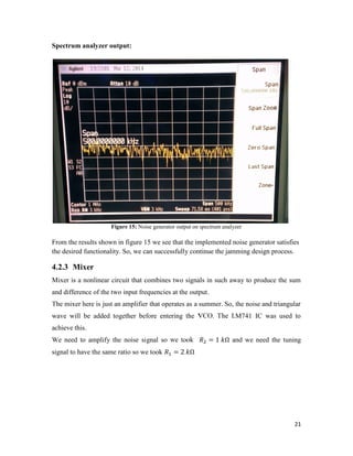 21 
Spectrum analyzer output: 
Figure 15: Noise generator output on spectrum analyzer 
From the results shown in figure 15 we see that the implemented noise generator satisfies 
the desired functionality. So, we can successfully continue the jamming design process. 
4.2.3 Mixer 
Mixer is a nonlinear circuit that combines two signals in such away to produce the sum 
and difference of the two input frequencies at the output. 
The mixer here is just an amplifier that operates as a summer. So, the noise and triangular 
wave will be added together before entering the VCO. The LM741 IC was used to 
achieve this. 
We need to amplify the noise signal so we took = 1 Ω and we need the tuning 
signal to have the same ratio so we took = 2 Ω 
 