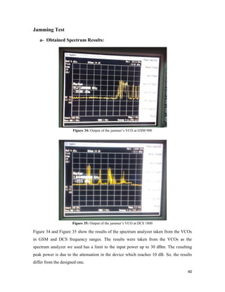 40 
Jamming Test 
a- Obtained Spectrum Results: 
Figure 34: Output of the jammer’s VCO at GSM 900 
Figure 35: Output of the jammer’s VCO at DCS 1800 
Figure 34 and Figure 35 show the results of the spectrum analyzer taken from the VCOs 
in GSM and DCS frequency ranges. The results were taken from the VCOs as the 
spectrum analyzer we used has a limit to the input power up to 30 dBm. The resulting 
peak power is due to the attenuation in the device which reaches 10 dB. So, the results 
differ from the designed one. 
 