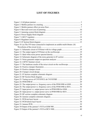 vi 
LIST OF FIGURES 
Figure 1: Cell phone jammer .............................................................................................. 3 
Figure 2: Mobile jammer in a meeting ............................................................................... 4 
Figure 3: Mobile jammer effect on noise floor ................................................................... 7 
Figure 4: Best and worst case of jamming........................................................................ 10 
Figure 5: Jamming system block diagram ........................................................................ 12 
Figure 6: Power Supply block diagram ............................................................................ 13 
Figure 7: LM317 regulator................................................................................................ 14 
Figure 8: Regulator circuit ................................................................................................ 14 
Figure 9: IF Section block diagram .................................................................................. 15 
Figure 10: (a) The 555 timer connected to implement an astable multivibrator. (b) 
Waveforms of the circuit in (a).................................................................................. 17 
Figure 11: Schematic circuit of 555timer with its voltage graph...................................... 18 
Figure 12: The output signal of 555timer on the oscilloscope.......................................... 19 
Figure 13: Ideal white noise power spectral density......................................................... 20 
Figure 14: Schematic diagram of the noise generator in IF section ................................. 20 
Figure 15: Noise generator output on spectrum analyzer ................................................. 21 
Figure 16: LM741 Summer circuit ................................................................................... 22 
Figure 17: The hardware results of the mixer circuit on the oscilloscope ........................ 22 
Figure 18: Positive clamper illustration ............................................................................ 23 
Figure 19: Positive clamper circuit ................................................................................... 23 
Figure 20: Clamper circuit design..................................................................................... 24 
Figure 21: IF Section complete schematic diagram.......................................................... 25 
Figure 22: RF Section block diagram ............................................................................... 26 
Figure 23: Tuning curves of CVCO55CL & CVCO55BE ............................................... 28 
Figure 24: PF08109B IC................................................................................................... 29 
Figure 25: The output power vs. frequency curve of the PF08109B in GSM .................. 30 
Figure 26: The output power vs. frequency curve of the PF08109B in DCS................... 30 
Figure 27: Input power vs. output power curve in PF08109B for GSM .......................... 31 
Figure 28: Input power vs. output power curve in PF08109B for DCS ........................... 31 
Figure 29: RF section complete schematic diagram ......................................................... 33 
Figure 30: Jammer complete schematic diagram.............................................................. 34 
Figure 31: PCB top layer layout ....................................................................................... 37 
Figure 32: PCB bottom layer layout ................................................................................. 38 
Figure 33: Jammer PCB.................................................................................................... 39 
Figure 34 Output of the jammer’s VCO at GSM 900....................................................... 40 
Figure 35 Output of the jammer’s VCO at DCS 1800...................................................... 40 
 