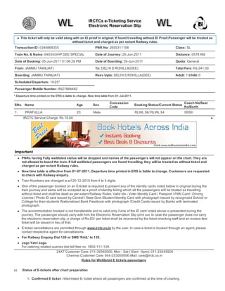 IRCTCs e-Ticketing Service
                                                        Electronic Reservation Slip

     This ticket will only be valid along with an ID proof in original. If found travelling without ID Proof,Passenger will be treated as
                                         without ticket and charged as per extant Railway rules.
Transaction ID: 0348868355                                   PNR No: 2650311108                                      Class: SL

Train No. & Name: 04034/UHP DEE SPECIAL                      Date of Journey: 26-Jun-2011                            Distance: 0578 KM

Date of Booking: 05-Jun-2011 01:06:28 PM                     Date of Boarding: 26-Jun-2011                           Quota: General

From: JAMMU TAWI(JAT)                                        To: DELHI S ROHILLA(DEE)                                Total Fare: Rs 241.00

Boarding: JAMMU TAWI(JAT)                                    Resv Upto: DELHI S ROHILLA(DEE)                         Adult: 1 Child: 0

Scheduled Departure: 19:25*

Passenger Mobile Number: 8527884482

* Departure time printed on the ERS is liable to change. New time table from 01-Jul-2011.

                                                                        Concession                                          Coach No/Seat
SNo. Name                                      Age         Sex                              Booking Status/Current Status
                                                                        Code                                                No/Berth
1.      PRAFULLA                               23          Male                             RLWL 56/ RLWL 54                0000/
       IRCTC Service Charge: Rs 10.00




Important
     PNRs having Fully waitlisted status will be dropped and names of the passengers will not appear on the chart. They are
     not allowed to board the train. If full waitlisted passengers are found travelling, they will be treated as without ticket and
     charged as per extant Railway rules.
     New time table is effective from 01-07-2011. Departure time printed in ERS is liable to change. Customers are requested
     to check with Railway enquiry.
     Train Numbers are changed w.e.f 20-12-2010 from 4 to 5 digits.
     One of the passenger booked on an E-ticket is required to present any of the identity cards noted below in original during the
     train journey and same will be accepted as a proof of identity failing which all the passengers will be treated as travelling
     without ticket and shall be dealt as per extant Railway Rules. Valid Ids:- Voter Identity Card / Passport / PAN Card / Driving
     License / Photo ID card issued by Central / State Govt /Student Identity Card with photograph issued by recognized School or
     College for their students /Nationalised Bank Passbook with photograph /Credit Cards issued by Banks with laminated
     photograph.
     The accommodation booked is not transferable and is valid only if one of the ID card noted above is presented during the
     journey. The passenger should carry with him the Electronic Reservation Slip print out. In case the passenger does not carry
     the electronic reservation slip, a charge of Rs.50/- per ticket shall be recovered by the ticket checking staff and an excess fare
     ticket will be issued in lieu of that.
     E-ticket cancellations are permitted through www.irctc.co.in by the user. In case e-ticket is booked through an agent, please
     contact respective agent for cancellations.
     For Railway Enquiry Dial 139 or SMS 'RAIL' to 139.
     Jago Yatri Jago.
     For catering related queries dial toll free no. 1800-111-139.
                             24X7 Customer Care: 011-39340000, Mon - Sat (10am - 6pm): 011-23345500
                                    Chennai Customer Care: 044-25300000E-Mail: care@irctc.co.in
                                                Rules for Waitlisted E tickets passengers


a)    Status of E-tickets after chart preparation

         1. Confirmed E ticket –Wait-listed E- ticket where all passengers are confirmed at the time of charting.
 