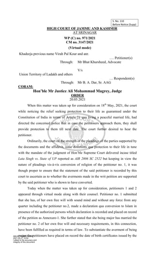 S. No. 110
Before Notice (Supp)
HIGH COURT OF JAMMU AND KASHMIR
AT SRINAGAR
WP (C) no. 971/2021
CM no. 3147/2021
(Virtual ...
