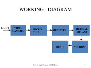 RETINAL
IMPLANT
BRAIN
VIDEO
CAMERA
MICRO
CHIP
RECEIVER
WORKING - DIAGRAMWORKING - DIAGRAM
Dept. of Applied physics SGSITS Indore 11
LIGHT
NEURONS
 
