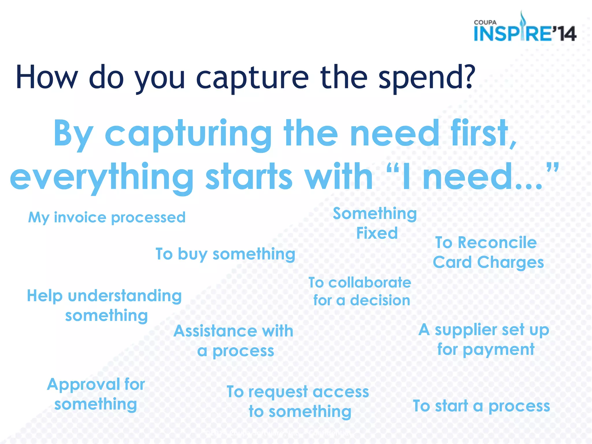 How do you capture the spend?
By capturing the need first,
everything starts with “I need...”
My invoice processed
Help understanding
something
To buy something
Approval for
something
Assistance with
a process
Something
Fixed
To collaborate
for a decision
A supplier set up
for payment
To request access
to something To start a process
To Reconcile
Card Charges
©2014 Coupa Software, Inc. – Confidential
 