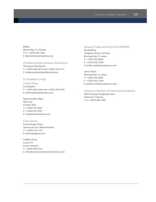 n a t i o n a l e x p o r t s t r a t e g y 129
Belfast
Morant Bay, St. Thomas
T /F: +1(876) 982-1842
E: zbennet@exportjamaica.org
Christiana Potato Growers Association
Christiana, Manchester
T: +1(876) 964-4279 and +1(876) 476-5317
E: sshakespeare@exportjamaica.org
St. Elizabeth Co-Op
Credit Union
St. Elizabeth
T: +1(876) 966-3346 and +1(876) 493-8729
E: awhitely@exportjamaica.org
Negril Vendors Plaza
West End
P.O Box 3055
T: +1(876) 957-4067
F: +1(876) 957-4591
E: negriljambic@yahoo.com
Civic Centre
Great George Street
Savanna-la-mar, Westmoreland
T: +1(876) 918-1747
E: westccj@yahoo.com
4 Millers Drive
Lucea P.O.
Lucea, Hanover
T: +1(876) 956-9722
E: info@hanoverchamberofcommerce.com
Jamaica Trade and Invest (JTI/JAMPRO)
UGI Building
30 Market Street, 2nd Floor
Montego Bay, St. James
T: +1(876) 952-6045
F: +1(876) 952-2784
E: jambic.mobay@cwjamaica.com
Union Street
Montego Bay, St. James
T: +1(876) 952-6045
F: +1(876) 952-2784
E: jambic.mobay@cwjamaica.com
Trelawny Chamber of Commerce & Industry
Albert George Shopping Centre
Falmouth, Trelawny
T /F: +1(876) 485-7902
 