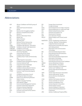 130
glossar y
Abbreviations
ACP	 African, Caribbean and Pacific group of
states
AFI	 Approved Financial Institution
B 	 Border
BASC 	 Business Anti-Smuggling Coalition
BCI 	 Business Competitiveness Index
BI 	 Border-In
BIPs 	 Business Information Points
BO 	 Border-Out
BoJ 	 Bank of Jamaica
BM 	 Blue Mountain
BPO 	 Business Process Outsourcing
BSJ 	 Bureau of Standards Jamaica
CABA 	 Caribbean Agri-Business Association
CARIBCAN 	 Caribbean-Canada Trade Agreement
CARICOM 	 Caribbean Community
CARIFORUM 	 Caribbean Forum (CARICOM +
	 Dominican Republic)
CAPs	 Community Access Points
CBI	 Caribbean Basin Initiative
CBTPA 	 Caribbean Basin Trade and Partnership
Act
CEA 	 Coffee Exporters Association
CEDA 	 Caribbean Export Development Agency
CET 	 Common External Tariff
CFB 	 Corporate Finance Brokerage
CFW 	 Caribbean Fashion Week
CIB 	 Caribbean Industry Board of Jamaica
CSME 	 Caribbean Single Market Economy
CTPAT 	 Customs-Trade Partnership Against
Terrorism
CXC 	 Caribbean Examination Council
DBJ 	 Development Bank of Jamaica
EAMN 	 Export Access Monitoring Network
ECs 	 Export Centres		
ELT 	 English Language Teaching
EMC 	 Edna Manley College
EMS 	 Environmental Management Systems
EPA 	 Economic Partnership Agreement
ERU 	 Enterprise Rating & Upgrading
ESL 	 English as a Second Language
ESSJ 	 Economic and Social Survey Jamaica
EU 	 European Union
FDI 	 Foreign Direct Investment
FX 	 Foreign Exchange
GATS 	 General Agreement on Trade in Services
GATT 	 General Agreement on Tariffs and Trade
GCI 	 Global Competitiveness Index
GCT 	 General Consumption Tax
GoJ 	 Government of Jamaica
GDP 	 Gross Domestic Product
HACCP 	 Hazard Analysis and Critical Control
Points 	
HEART/NTA 	 Human Employment and Resource
Training / National Traning Agency
HS4 	 4 digit level Harmonised Code
(Harmonised Commodity Description
and Coding System)
ICT 	 Information and Communication
Technology
IDB 	 International Development Bank
IFI 	 International Financial Institutions
IP 	 Intellectual Property
ISO 	 International Standards Organisation
IT 	 Information Technology
ITC 	 International Trade Centre
IUC 	 International University of the Caribbean
JAMCO 	 Jamaica Marketing Company
JBA	 Jamaica Bankers Association
JACAP 	 Jamaica Association of Composers,
Authors and Publishers Ltd.
JADF 	 Jamaica Agricultural Development
Foundation
JAPA 	 Jamaica Agro-Processors Association
JAS 	 Jamaica Agricultural Society
JBDC 	 Jamaica Business Development
Corporation
JCAA 	 Jamaica Civil Aviation Authority
JCC 	 Jamaica Chamber of Council
JCF 	 Jamaica Constabulary Force
JEA 	 Jamaica Exporter’s Association
JEC 	 Jamaica Export Council
JEF 	 Jamaica Employer’s Federation
JIDC 	 Jamaica Industrial Development
Corporation
JIPO 	 Jamaica Intellectual Property Office
 