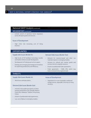 1 why a national expor t strategy for jamaica?
24
National SWOT Analysis (continued)
WEAKNESSES (continued)
•	 Limited stretch of (positive) brand reputation
across all export goods and services.
Issues of Development
•	 High crime rate increasing cost of doing
business.
•	 Poor urban/rural and regional planning.
OPPORTUNITIES
Supply Side Issues (Border-In)
•	 High levels of FDI facilitate technology transfer
and further (infrastructural) development.
•	 Development of Professional services export.
•	 Existing and emerging technological innovations
for improving productivity and efficiency.
Demand Side Issues (Border-Out)
•	 Demand for resource-based and other raw
materials exports in emerging markets.
•	 Demand for cultural and creative goods and
services that are uniquely Jamaican.
•	 Erosion of preferential trade agreements.
•	 Trade agreements – CSME, EPA, which may
foster increased intra-regional trade.
THREATS
Supply Side Issues (Border-In)
•	 Work-force attitude/culture.
Demand Side Issues (Border-Out)
•	 Investors’ favourable perceptions of other
business destinations (for example, Mexico,
Puerto Rico, Malaysia, Thailand, Hong Kong,
China).
•	 Erosion of preferential trade agreements.
•	 Low cost of labour in emerging markets.
Issues of Development
•	 Dependence on non-renewable, traditional
energy sources, especially in the face of rising
oil prices.
 