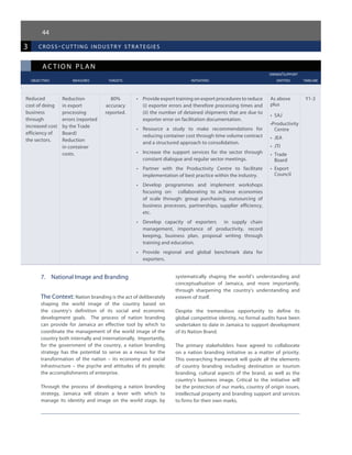 44
ac tion plan
					 owner/support
	 objectives	 measures 	 targets	 initiatives	 entities	 timeline
3 cross-cutting industr y strategies
Reduced
cost of doing
business
through
increased cost
efficiency of
the sectors.
Reduction
in export
processing
errors (reported
by the Trade
Board)
Reduction
in container
costs.
80%
accuracy
reported.
•	 Provide export training on export procedures to reduce
(i) exporter errors and therefore processing times and
(ii) the number of detained shipments that are due to
exporter error on facilitation documentation.
•	 Resource a study to make recommendations for
reducing container cost through time volume contract
and a structured approach to consolidation.
•	 Increase the support services for the sector through
constant dialogue and regular sector meetings.
•	 Partner with the Productivity Centre to facilitate
implementation of best practice within the industry.
•	 Develop programmes and implement workshops
focusing on: collaborating to achieve economies
of scale through: group purchasing, outsourcing of
business processes, partnerships, supplier efficiency,
etc.
•	 Develop capacity of exporters   in supply chain
management, importance of productivity, record
keeping, business plan, proposal writing through
training and education.
•	 Provide regional and global benchmark data for
exporters.
As above
plus
•	 SAJ
•Productivity
Centre
•	 JEA
•	 JTI
•	 Trade
Board
•	 Export
Council
Y1-3
7.	 National Image and Branding
The Context: Nation branding is the act of deliberately
shaping the world image of the country based on
the country’s definition of its social and economic
development goals. The process of nation branding
can provide for Jamaica an effective tool by which to
coordinate the management of the world image of the
country both internally and internationally. Importantly,
for the government of the country, a nation branding
strategy has the potential to serve as a nexus for the
transformation of the nation – its economy and social
infrastructure – the psyche and attitudes of its people;
the accomplishments of enterprise.
Through the process of developing a nation branding
strategy, Jamaica will obtain a lever with which to
manage its identity and image on the world stage, by
systematically shaping the world’s understanding and
conceptualisation of Jamaica, and more importantly,
through sharpening the country’s understanding and
esteem of itself.
Despite the tremendous opportunity to define its
global competitive identity, no formal audits have been
undertaken to date in Jamaica to support development
of its Nation Brand.
The primary stakeholders have agreed to collaborate
on a nation branding initiative as a matter of priority.
This overarching framework will guide all the elements
of country branding including destination or tourism
branding, cultural aspects of the brand, as well as the
country’s business image. Critical to the initiative will
be the protection of our marks, country of origin issues,
intellectual property and branding support and services
to firms for their own marks.
 