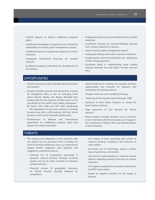 n a t i o n a l e x p o r t s t r a t e g y 93
•	 Limited capacity to enforce intellectual property
rights.
•	 Insufficient knowledge of, support by and  benefit by
stakeholders of existing rights management systems.
•	 Insufficient business management capacity in creative
industries.
•	 Inadequate institutional financing for creative
ventures.
•	 Insufficient budgetary allocation for development of
the industry.
•	 Inadequate human resource development for creative
industries.
•	 Insufficient incentive for retention/holding earnings
from creative industries in Jamaica.
•	 Gaps in existing rights management system.
•	 Inadequate linkages with other economic industries.
•	 Fragmentation, lack of coordination and  duplication
of roles among agencies.
•	 Inordinate delay in implementing some treaties
through domestic law and reform of other relevant
laws.
OPPORTUNITIES
•	 Growthineconomicvalueofglobalculturalindustries
and markets.
•	 Growth of media channels and demand for content
(In videogames there is also an emerging trend
where Damian Marley and Wayne Marshall both
landed deals for the inclusion of their music on the
soundtrack of the world’s best selling videogame -
EA Sports’ FIFA 2006 and FIFA 2005 respectively
- The negotiation of ring tone contracts is another
lucrative area that is still evolving, but from which
Jamaican artists stand to benefit significantly).
•	 Development of bilateral and international
agreements for intellectual property rights and
support for creative industries.
•	 Value of Internet in creating new markets, business
opportunities and channels for exposure and
distribution of cultural products.
•	 Cheaper and more user-friendly technology.
•	 Widening of the regional market through CSME.
•	 Existence of West Indian Diaspora as market for
local creative products.
•	 High awareness of and demand for “Brand
Jamaica”.
•	 Brand Jamaica through Jamaican music continues
to be in demand, with the increased use of reggae in
the soundtracks of feature films and advertisements
in North America.
THREATS
•	 The copying and adaptation of the Jamaican style
and genres by non-Jamaicans that is eroding our
share in formerly indigenous areas, e.g. international
reggae artistes, reggaeton (also reguetón and
reggaetón), popularised dances.
•	 Potential loss of comparative advantage in
Jamaican cultural products through increased
quality and use by other countries of Jamaican
symbols and arts.
•	 Potential erosion of geographic indicators
for “Brand Jamaica” through imitation by
competitors.
•	 Low degree of local ownership and control of
creative industries resulting in low retention of
value-added.
•	 Increasing use of technology reduces creative
input of performers and artistes.
•	 Low level of understanding by Jamaican private
industry regarding business intricacies of creative
industries.
•	 The negative implications of creative industries in
the WTO trade regime.
•	 Impact of negative activities on the image of
Jamaica.
 