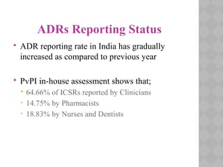 ADRs Reporting Status
 ADR reporting rate in India has gradually
increased as compared to previous year
 PvPI in-house assessment shows that;
 64.66% of ICSRs reported by Clinicians
• 14.75% by Pharmacists
• 18.83% by Nurses and Dentists
 
