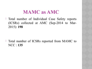 MAMC as AMC
 Total number of Individual Case Safety reports
(ICSRs) collected at AMC (Sep-2014 to Mar-
2015): 198
 Total number of ICSRs reported from MAMC to
NCC : 135
 