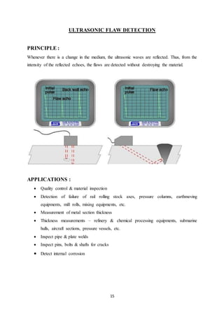 15
ULTRASONIC FLAW DETECTION
PRINCIPLE :
Whenever there is a change in the medium, the ultrasonic waves are reflected. Thus, from the
intensity of the reflected echoes, the flaws are detected without destroying the material.
APPLICATIONS :
 Quality control & material inspection
 Detection of failure of rail rolling stock axes, pressure columns, earthmoving
equipments, mill rolls, mixing equipments, etc.
 Measurement of metal section thickness
 Thickness measurements – refinery & chemical processing equipments, submarine
hulls, aircraft sections, pressure vessels, etc.
 Inspect pipe & plate welds
 Inspect pins, bolts & shafts for cracks
 Detect internal corrosion
 