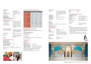Lighting (LX)
Light Bars 6 (Double-barrel 48mm
tubular battens)
Operation Motorised winch (fixed speed)
Position of first LX bar 4.6m (from the edge of
the stage)
Max. fly height 12m
Spacing between 350mm
adjacent flyset & LX bar
Maximum loading capacity (SWL) 1000 kg
Off Stage Lighting Position
FOH lighting bridge Over row ‘G’, 11.5m from the
edge of stage; at height:12.5m
Rear wall lighting bar Over row ‘X’, 30m from the
edge of stage; at height: 4.8m
Box boom (right & left) Auditorium right & left walls
respectively, in line with row E,
9.5m from the edge of stage;
at height 9.5m
Performance Lighting
Maximum permissible load Dimmable - 480 kW(240 sockets
of 2kw each), Non Dimmable -
100kw (100 sockets of 1 kw
each)
Lighting console ION (ETC make); fixed in Control
Room
Power pack 240 dimmers of 2 kW each with
DMX control, EURORACK-60.
(ADB make)
Software ETC
Luminaires (Lanterns - 750w)
ETC Source Four 19° 12
ETC Source Four 26° 12
ETC Source Four 15°-30° 12
ETC Source Four Par 25°-45° 24
ETC Source Four Fresnel 10
Cyclorama (4 x 500 w) 9
Total - 79
Note: If additional Luminaires are required, the group/performer may
hire the same.
On-Stage Accessory Power Supply
Stage-right, up stage
Power supply for sound and projection systems - 18 kW(30A per
phase)
Local power supply specifications
230 Volt, 50Hz, I-Phase
440 Volt, 50Hz, 3-Phase
Neutral grounded
Sound System
No in-house sound system. Professional sound system as required are
to be hired by the producers.
Communication
Wired intercom
Dressing Rooms
Backstage
Ground floor, solo rooms 3 (9 sq.m. each)
First floor, solo rooms 4 (9 sq.m. each)
Second floor, group rooms 2 (18.5 sq.m. each) (7 persons each)
Third floor, group room 1 (46.5 sq.m. each) (18 persons)
Note: Each room is furnished with wardrobe, attached toilet with
shower and drinking water facilities; accessible by backstage
elevator & staircase (east and west)
Space for quick change on stage right 22 sq.m., height: 3.9m
Control Room
Location Rear of the auditorium behind glass
window; partially openable divided
into 4 compartments inter-connected
through common passage suitable
for production control.
Compartment 1 60 sq.m.
Compartment 2 28 sq.m.
Compartment 3 10 sq.m. (Light Control Cubicle)
Compartment 4 45 sq.m.
Power supply 18 kW, 30 Amps per phase
Crew
Electrician 2
Fly Assistance 2
Note: If additional Luminaires are required, the group/performer may
hire the same.
Miscellaneous Spaces
Foyers at two levels.
Ground Floor (level 0)
Area 930 sq.m.
Height variable, minimum 2.5m
Elevator 1 (West Foyer)
Accessory electric 9 kW (East Foyer) Lighting supply
Load 15 Amps per phase 9 kW (West
Foyer) Lighting load 15 Amps per phase
Service Counter 2 (one Front Foyer and one in West Foyer)
First Floor (level 1)
Area 465 sq.m.
Height variable; minimum 2.5m
Service counter 1 (East Foyer)
Museum(first floor/separate venue)
Area 165 sq.m.
Height 5.45m
Rehearsal Rooms (Front-of-House)
These are separate venues
West room 1 124 sq.m., height 2.88m
(second floor West Wing) (90 sq.m. adjoining open terrace)
East room 1 113.5 sq.m., height 2.9m
(second floor East Wing) (55 sq.m. adjoining open terrace)
East room 2 99 sq.m., height 2.9m
(third floor East Wing) (32 sq.m. adjoining open terrace)
Car Parking
Location Basement and open spaces
Available on a first come first
served basis
Note
• No warehouse and workshop spaces at the venue. All producers are
required to bring pre-fabricated props/sets for assembly on stage.
• Producers are advised to hire at their cost suitable diesel generator
(DG) sets, if they require uninterrupted/ backup power supply for the
performance lighting and audio system. NCPA will provide suitable
change-over switches.
• Entry to JBT is through NCPA Gate No.3 from the Dorabji Tata
Road (Marine Drive) and exit from NCPA Gate No.4 (NCPA Marg)
Sockets for Luminaires (32A Euro Sockets)
To enquire about venue bookings visit www.ncpamumbai.com or call +91 (0)22 6622 3737
DIMMABLE
NON
DIMMABLE
SPARE
AUDITORIUM REAR WALL 6 - 6
BOX BOOM RIGHT 3 2 4
BOX BOOM LEFT 3 2 4
FOH 24 7 7
TORMENTOR TOWER-RIGHT 4 2 10
TORMENTOR TOWER-LEFT 4 2 10
LIGHT BAR LX-1 24 12 3
LIGHT BAR LX-2 24 12 3
LIGHT BAR LX-3 24 12 3
LIGHT BAR LX-4 24 12 3
LIGHT BAR LX-5 24 12 3
LIGHT BAR LX-6 24 12 3
MOBILE TOWERS (R) 5 NOS 4 each 2 each 2 each
MOBILE TOWERS (L) 5 NOS. 4 each 2 each 2 each
APRON (FOOT) LIGHT - - 14
FLY GALLERY 12 2 34
TECHNICAL GALLERY - - 32
ORCHESTRA PIT - - 6
 
