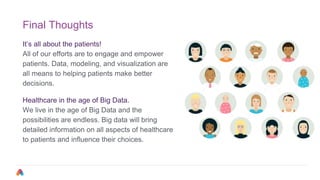 Final Thoughts
It’s all about the patients!
All of our efforts are to engage and empower
patients. Data, modeling, and visualization are
all means to helping patients make better
decisions.
Healthcare in the age of Big Data.
We live in the age of Big Data and the
possibilities are endless. Big data will bring
detailed information on all aspects of healthcare
to patients and influence their choices.
 
