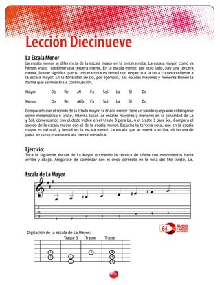 Lección Diecinueve
La Escala Menor
La escala menor se diferencia de la escala mayor en la tercera nota. La escala mayor, como ya
hemos visto, contiene una tercera mayor. En la escala menor, por otro lado, hay una tercera
menor, lo que significa que su tercera nota es bemol con respecto a la nota correspondiente a
la escala mayor. En la tonalidad de Do, por ejemplo, las escalas mayores y menores tienen la
forma que se muestra a continuación.

Mayor            Do      Re       Mi        Fa   Sol          La   Si       Do

Menor            Do      Re       Mib       Fa   Sol          La   Si       Do

Comparado con el sonido de la tríada mayor, la tríada menor tiene un sonido que puede catalogarse
como melancólico o triste. Intenta tocar las escalas mayores y menores en la tonalidad de La
y Sol, comenzando con el dedo índice en el traste 5 para La, o el traste 3 para Sol. Compara el
sonido de la escala mayor con el de la escala menor. Escucha la tercera nota, que en la escala
mayor es natural, y bemol en la escala menor. La escala que se muestra arriba, dicho sea de
paso, se conoce como escala menor melódica.


Ejercicio:
Toca la siguiente escala de La Mayor utilizando la técnica de uñeta con movimientos hacia
arriba y abajo. Asegúrate de comenzar con el dedo correcto en la nota del 5to traste, La.


Escala de La Mayor

         
               # #
                #
                                                                    #                   
                                      #                                      #
                     
          T
          A                                                             4            6        7
          B                   7
                                        4        5             7
                     5


                                                                                         64
    Digitación de la escala de La Mayor:
                         Traste 5    Traste          Traste


                1                           3           4
                1             2                         4
                              2                         4

                                                        103
 