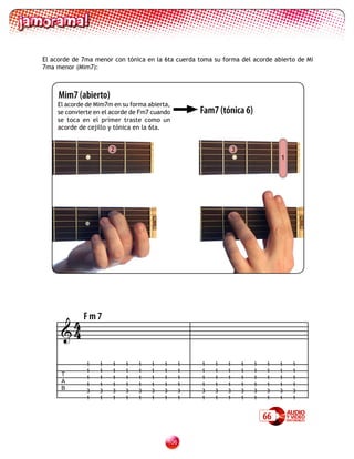 El acorde de 7ma menor con tónica en la 6ta cuerda toma su forma del acorde abierto de Mi
7ma menor (Mim7):



     Mim7 (abierto)
     El acorde de Mim7m en su forma abierta,
     se convierte en el acorde de Fm7 cuando           Fam7 (tónica 6)
     se toca en el primer traste como un
     acorde de cejillo y tónica en la 6ta.


                       2                                           3
                                                                                    1




       4 Fm7
      4

               1   1    1   1    1   1   1         1   1   1   1       1   1   1    1   1
               1   1    1   1    1   1   1         1   1   1   1       1   1   1    1   1
      T
               1   1    1   1    1   1   1         1   1   1   1       1   1   1    1   1
      A
               1   1    1   1    1   1   1         1   1   1   1       1   1   1    1   1
      B        3   3    3   3    3   3   3         3   3   3   3       3   3   3    3   3
               1   1    1   1    1   1   1         1   1   1   1       1   1   1    1   1


                                                                               66

                                             10
 
