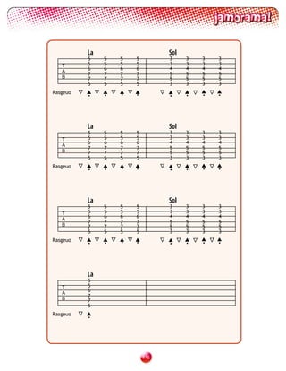 La                     Sol
          5    5   5   5         3     3   3   3
   T      5    5   5   5         3     3   3   3
          6    6   6   6         4     4   4   4
   A
          7    7   7   7         5     5   5   5
   B      7    7   7   7         5     5   5   5
          5    5   5   5         3     3   3   3
Rasgeuo        •   •   •                   •   •
          •                      •     •




          La                     Sol
          5    5   5   5         3     3   3   3
   T      5    5   5   5         3     3   3   3
          6    6   6   6         4     4   4   4
   A
          7    7   7   7         5     5   5   5
   B      7    7   7   7         5     5   5   5
          5    5   5   5         3     3   3   3
Rasgeuo        •   •   •                   •   •
          •                      •     •




          La                     Sol
          5    5   5   5         3     3   3   3
   T      5    5   5   5         3     3   3   3
          6    6   6   6         4     4   4   4
   A
          7    7   7   7         5     5   5   5
   B      7    7   7   7         5     5   5   5
          5    5   5   5         3     3   3   3
Rasgeuo        •   •   •                   •   •
          •                      •     •




          La
          5
   T      5
   A
          6
   B
          7
          7
          5
Rasgeuo
          •




                           11
 