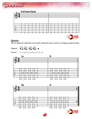 4 Si b Power Chord
     4

                 X            X   X       X           X       X   X         X    X       X       X       X       X       X   X   X
     T           X            X   X       X           X       X   X         X    X       X       X       X       X       X   X   X
                 3            3   3       3           3       3   3         3    3       3       3       3       3       3   3   3
     A
                 3            3   3       3           3       3   3         3    3       3       3       3       3       3   3   3
     B
                 1            1   1       1           1       1   1         1    1       1       1       1       1       1   1   1
                 X            X   X       X           X       X   X         X    X       X       X       X       X       X   X   X


                                                                                                                     73
Ejercicio:
Toca la siguiente progresión de acordes utilizando power chords y el rasgueo proporcionado.

               m m mm                 mm mm
Rasgeuo:
                         
Cuenta:        1 y+y2 y+y3y+y 4 y+y


     4               La                                                         Si
    4

             X   X        X   X   X   X       X   X       X                     X    X   X   X       X   X   X   X   X
             X   X        X   X   X   X       X   X       X                     X    X   X   X       X   X   X   X   X
    T
    A
    B
             X
             7
             7
                 X
                 7
                 7
                        
                          X
                          7
                          7
                              X
                              7
                              7
                                  X
                                  7
                                  7
                                      X
                                      7
                                      7
                                              X
                                              7
                                              7
                                                  X
                                                  7
                                                  7
                                                          X
                                                          7
                                                          7
                                                                                4
                                                                                4
                                                                                2
                                                                                     4
                                                                                     4
                                                                                     2
                                                                                            
                                                                                         4
                                                                                         4
                                                                                         2
                                                                                             4
                                                                                             4
                                                                                             2
                                                                                                     4
                                                                                                     4
                                                                                                     2
                                                                                                         4
                                                                                                         4
                                                                                                         2
                                                                                                             4
                                                                                                             4
                                                                                                             2
                                                                                                                 4
                                                                                                                 4
                                                                                                                 2
                                                                                                                     4
                                                                                                                     4
                                                                                                                     2
             5   5        5   5   5   5       5   5       5                     X    X   X   X       X   X   X   X   X
             mm m m m m m m                                                     mm m m m m m m



     4               Do                                                         Si
    4

           X     X    X       X   X   X   X       X       X                     X    X   X   X       X   X   X   X   X
           X     X    X       X   X   X   X       X       X                     X    X   X   X       X   X   X   X   X
    T
    A
    B
           5
           5
           3
                 5
                 5
                 3
                        
                      5
                      5
                      3
                              5
                              5
                              3
                                  5
                                  5
                                  3
                                      5
                                      5
                                      3
                                          5
                                          5
                                          3
                                                  5
                                                  5
                                                  3
                                                          5
                                                          5
                                                          3
                                                                                4
                                                                                4
                                                                                2
                                                                                     4
                                                                                     4
                                                                                     2
                                                                                            
                                                                                         4
                                                                                         4
                                                                                         2
                                                                                             4
                                                                                             4
                                                                                             2
                                                                                                     4
                                                                                                     4
                                                                                                     2
                                                                                                         4
                                                                                                         4
                                                                                                         2
                                                                                                             4
                                                                                                             4
                                                                                                             2
                                                                                                                 4
                                                                                                                 4
                                                                                                                 2
                                                                                                                     4
                                                                                                                     4
                                                                                                                     2
           X     X    X       X   X   X   X       X       X                     X    X   X   X       X   X   X   X   X
           mm m m m m m m                                                       mm m m m m m m

                                                                                                                     74
                                                                      120
 
