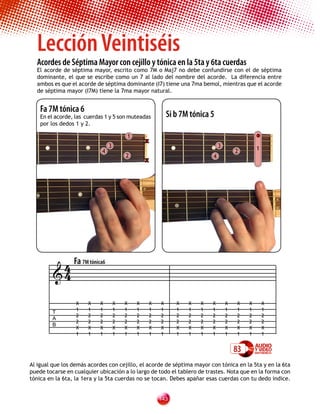 Lección Veintiséis
  Acordes de Séptima Mayor con cejillo y tónica en la 5ta y 6ta cuerdas
  El acorde de séptima mayor, escrito como 7M o Maj7 no debe confundirse con el de séptima
  dominante, el que se escribe como un 7 al lado del nombre del acorde. La diferencia entre
  ambos es que el acorde de séptima dominante (I7) tiene una 7ma bemol, mientras que el acorde
  de séptima mayor (I7M) tiene la 7ma mayor natural.


    Fa 7M tónica 6
    En el acorde, las cuerdas 1 y 5 son muteadas            Si b 7M tónica 5
    por los dedos 1 y 2.

                                        1
                                                x
                                3                                              3                1
                            4                                                          2
                                        2                                  4
                                                x




          4 Fa 7M tónica6
         4

                  X    X   X        X   X   X       X   X      X   X   X   X       X   X    X       X
                  1    1   1        1   1   1       1   1      1   1   1   1       1   1    1       1
         T
                  2    2   2        2   2   2       2   2      2   2   2   2       2   2    2       2
         A
                  2    2   2        2   2   2       2   2      2   2   2   2       2   2    2       2
         B
                  X    X   X        X   X   X       X   X      X   X   X   X       X   X    X       X
                  1    1   1        1   1   1       1   1      1   1   1   1       1   1    1       1


                                                                                       83
Al igual que los demás acordes con cejillo, el acorde de séptima mayor con tónica en la 5ta y en la 6ta
puede tocarse en cualquier ubicación a lo largo de todo el tablero de trastes. Nota que en la forma con
tónica en la 6ta, la 1era y la 5ta cuerdas no se tocan. Debes apañar esas cuerdas con tu dedo índice.


                                                        13
 