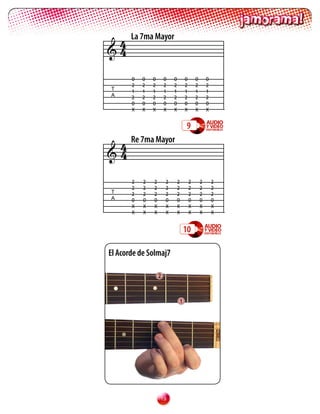 4 La 7ma Mayor
4

       0   0   0       0   0       0       0       0
       2   2   2       2   2       2       2       2
T      1   1   1       1   1       1       1       1
A      2   2   2       2   2       2       2       2
       0   0   0       0   0       0       0       0
       X   X   X       X   X       X       X       X


                                   9

 4 Re 7ma Mayor
4

       2   2   2       2       2       2       2       2
       2   2   2       2       2       2       2       2
T      2   2   2       2       2       2       2       2
A      0   0   0       0       0       0       0       0
       X   X   X       X       X       X       X       X
       X   X   X       X       X       X       X       X


                                   10

El Acorde de Solmaj7

                   2



                               1




                   1
 