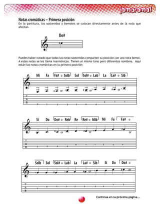 Notas cromáticas – Primera posición
En la partitura, los sostenidos y bemoles se colocan directamente antes de la nota que
afectan.


                                   Do#
                                  #
                                       

Puedes haber notado que todas las notas sostenidas comparten su posición con una nota bemol.
A estas notas se les llama inarmónicas. Tienen el mismo tono pero diferentes nombres. Aquí
están las notas cromáticas en la primera posición:


                Mi   Fa    Fa#         o    Solb        Sol Sol# o Lab                      La        La#         o   Sib
    
                                                                                                                        
                         #          or b                      #           or b                     #           or b

     T
     A
     B                                                                                           0            1               1
                0    1         2                    2       3            4              4




                Si   Do    Do#         o    Reb         Re       Re# o Mib                  Mi        Fa              Fa#         o

                                                                       or b                                        
                         #          or
                                            b                        #
                                                                                                                      #
                                                                                                                                  or

    T
    A                                                       0            1          1       2             3               4
    B           2    3         4                4




            Solb     Sol   Sol# o Lab                   La       La#         o    Sib            Si   Do              Do#         o

           b            #               b                  #          or     b
                                                                                                                   #
                                                                                                                                 or




    T                                                                                                     1                   2
                     0         1                1       2            3              3        4
    A           4
    B

                                                                                        Continúa en la próxima página...
                                                                21
 