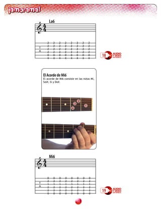 4
4
           La6



       2     2   2   2    2        2    2       2
       2     2   2   2    2        2    2       2
T      2     2   2   2    2        2    2       2
A      2     2   2   2    2        2    2       2
       0
       X
             0
             X
                 0
                 X
                     0
                     X
                          0
                          X
                                   0
                                   X
                                        0
                                        X
                                                0
                                                X
                                                    18



    El Acorde de Mi6
    El acorde de Mi6 consiste en las notas Mi,
    Sol#, Si y Do#.




                                   2
                               3
                                            1
                           4




 4         Mi6
4

       0     0   0    0   0        0    0       0
       2     2   2    2   2        2    2       2
T      1     1   1    1   1        1    1       1
A      2     2   2    2   2        2    2       2
       2
       0
             2
             0
                 2
                 0
                      2
                      0
                          2
                          0
                                   2
                                   0
                                        2
                                        0
                                                2
                                                0
                                                    19

                                   32
 