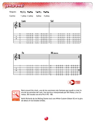 Rasgueo:

Cuenta:           1 ydosy 2 ydosy        3ydosy          4 ydosy



      4 Lam                                                        Sol
     4

              5          5   5   5   5   5   5   0   2   2    0    3          3     3   3   3       3   3        3   3   3   3
              5          5   5   5   5   5   5   2   3   3    2    3          3     3   3   3       3   3        3   3   3   3
          T   5          5   5   5   5   5   5   2   2   2    2    4          4     4   4   4       4   4        4   4   4   4
          A   7          7   7   7   7   7   7   2   0   0    2    5          5     5   5   5       5   5        5   5   5   5
              7          7   7   7   7   7   7   0   X   X    0    5          5     5   5   5       5   5        5   5   5   5
              5          5   5   5   5   5   5   X   X   X    X    3          3     3   3   3       3   3        3   3   3   3




      4            Fa                                              Mi abierto
     4

              1          1   1   1   1   1   1   1   1    1   1    0      0     0   0   0       0   0        0   0   0   0
              1          1   1   1   1   1   1   1   1    1   1    0      0     0   0   0       0   0        0   0   0   0
          T   2          2   2   2   2   2   2   2   2    2   2    1      1     1   1   1       1   1        1   1   1   1
          A   3          3   3   3   3   3   3   3   3    3   3    2      2     2   2   2       2   2        2   2   2   2
              3          3   3   3   3   3   3   3   3    3   3    2      2     2   2   2       2   2        2   2   2   2
              1          1   1   1   1   1   1   1   1    1   1    0      0     0   0   0       0   0        0   0   0   0




                                                                                                        30

                  Rock around the clock, una de las canciones más famosas que ayudó a crear la
                  era de las estrellas del rock, fue escrita e interpretada por Bill Haley y los Co-
                  metas. Bill tocaba una Aria Pro II PE- 180.

                  Keith Richards de los Rolling Stones tocó una White Custom Gibson SG en la gira
                  de debut en los Estados Unidos.




                                                             2
 