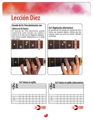 Lección Diez
Acorde de Fa 7ma dominante con
tónica en la Sexta.                              Fa7 (digitación alternativa)
                                                 El acorde de Fa7 puede ser tocado de otra
El acorde de 7ma dominante puede
                                                 forma (se muestra abajo). Utiliza aún las
construirse como acorde con cejillo y
                                                 mismas notas tal como el primer método
tónica en la 6ta (ve el diagrama debajo).
                                                 mostrado.
Esta forma puede desplazarse a lo largo
del mástil.
                  3                                                 3
                                   1                                                     1
                          2                                                 2
          4




 4      Fa7 tónica 6 cejillo
                                                   4 Fa7 tónica 6 cejillo (alternativo)
4                                                4

         1    1   1   1   1   1    1   1                   1   1   1    1       1    1       1   1
         4    4   4   4   4   4    4   4                   1   1   1    1       1    1       1   1
 T       2    2   2   2   2   2    2   2           T
                                                           2   2   2    2       2    2       2   2
 A       1    1   1   1   1   1    1   1           A       1   1   1    1       1    1       1   1
         3    3   3   3   3   3    3   3                   3   3   3    3       3    3       3   3
         1    1   1   1   1   1    1   1                   1   1   1    1       1    1       1   1

                              35                                                    36

                                            0
 
