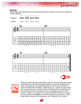 Ejercicio:
Toca la siguiente progresión de acordes utilizando acordes con tónica en la 6ta y el rasgueo de
tresillos sugerido.
                      3              3              3            3
                                   xx x                      x
 Rasgueo:

 Cuenta:         1 dos y           2 dos y     3 dos y 4 dos y




      4          Do                                                             Sib
     4

             8    8       8    8     8    8    8    8       8    8    8    8    6   6   6   6       6       6       6       6       6   6   6   6
             8    8       8    8     8    8    8    8       8    8    8    8    6   6   6   6       6       6       6       6       6   6   6   6
       T     9    9       9    9     9    9    9    9       9    9    9    9    7   7   7   7       7       7       7       7       7   7   7   7
       A     10   10      10   10    10   10   10   10      10   10   10   10   8   8   8   8       8       8       8       8       8   8   8   8
             10   10      10   10    10   10   10   10      10   10   10   10   8   8   8   8       8       8       8       8       8   8   8   8
             8    8       8    8     8    8    8    8       8    8    8    8    6   6   6   6       6       6       6       6       6   6   6   6
                               x x x                             x                          x x x                                       x




      4          Fa                                                             Fa7
     4

             1    1       1    1     1    1    1        1   1    1    1     1   1   1   1   1   1       1       1       1       1   1   1   1
             1    1       1    1     1    1    1        1   1    1    1     1   1   1   1   1   1       1       1       1       1   1   1   1
       T     2    2       2    2     2    2    2        2   2    2    2     2   2   2   2   2   2       2       2       2       2   2   2   2
       A     3    3       3    3     3    3    3        3   3    3    3     3   1   1   1   1   1       1       1       1       1   1   1   1
             3    3       3    3     3    3    3        3   3    3    3     3   3   3   3   3   3       3       3       3       3   3   3   3
             1    1       1    1     1    1    1        1   1    1    1     1   1   1   1   1   1       1       1       1       1   1   1   1
                               x x x                             x                          x x x                                   x


                                                                                                                                37

                  Sabías que las cuerdas que usas pueden cambiar mucho el sonido que produce
                  tu guitarra? Para una guitarra acústica puedes usar cuerdas metálicas o de
                  nylon. Generalmente, las cuerdas metálicas son mucho más “brillantes” o
                  suenan de forma más “metálica” (obviamente); las cuerdas de nylon produ-
                  cen un sonido más suave y cálido. Incluso el diámetro de la cuerda hace una
                  gran diferencia tanto en el sonido como en la facilidad para tocar. El diá-
                  metro o “calibre” es el espesor de la cuerda. Mientras más liviano el calibre
                  de ellas (cuerdas más delgadas), más fácil son para tocar pero por lo común
                  tienen menor volumen y son usualmente más “brillantes” en su sonido.

                                                                           1
 