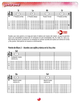 4                       Si                                          La                             Mi                                          Si
4                       V                                        IV                                   I                                        V
            7 Trastes arriba                                2 Trastes abajo                    Traste inicial                       7 Trastes arriba


        7       7       7       7       7       7   7   5   5     5   5   5   5   5    0   0       0        0   0   0   0   7       7       7       7       7       7       7
        7       7       7       7       7       7   7   5   5     5   5   5   5   5    0   0       0        0   0   0   0   7       7       7       7       7       7       7
T
        8       8       8       8       8       8   8   6   6     6   6   6   6   6    1   1       1        1   1   1   1   8       8       8       8       8       8       8
A
        9       9       9       9       9       9   9   7   7     7   7   7   7   7    2   2       2        2   2   2   2   9       9       9       9       9       9       9
        9       9       9       9       9       9   9   7   7     7   7   7   7   7    2   2       2        2   2   2   2   9       9       9       9       9       9       9
        7       7       7       7       7       7   7   5   5     5   5   5   5   5    0   0       0        0   0   0   0   7       7       7       7       7       7       7


                                                                                                                                     45
Puedes usar este patrón a lo largo de todo el tablero de trastes del mástil, lo que te permite
tocar con comodidad un blues de 12 compases en seis tonalidades; Mi, Fa, Solb, Si, Lab y La.
Otra forma de tocar un blues de 12 compases es utilizar acordes de cejillo con tónica en la 6ta
y 5ta juntos. Este patrón se muestra a continuación.



Patrón de Blues 2 – Acordes con cejillo y tónica en la 5ta y 6ta
    4   Sol
4                  I

    Cualquier traste
    (tónica 6)
    3   3           3       3       3       3           3   3    3    3   3   3        3   3       3       3    3   3           3       3       3       3       3       3
    3   3           3       3       3       3           3   3    3    3   3   3        3   3       3       3    3   3           3       3       3       3       3       3
T
    4   4           4       4       4       4           4   4    4    4   4   4        4   4       4       4    4   4           4       4       4       4       4       4
A
    5   5           5       5       5       5           5   5    5    5   5   5        5   5       5       5    5   5           5       5       5       5       5       5
    5   5           5       5       5       5           5   5    5    5   5   5        5   5       5       5    5   5           5       5       5       5       5       5
    3   3           3       3       3       3           3   3    3    3   3   3        3   3       3       3    3   3           3       3       3       3       3       3




 4                  Do                                                                                 Sol
4                  IV                                                                                  I
            Mismo traste                                                                        Mismo traste
            (tónica 5)                                                                          (tónica 6)
    3       3       3       3       3       3           3   3    3    3   3   3        3   3       3       3    3   3       3       3       3       3       3       3
    5       5       5       5       5       5           5   5    5    5   5   5        3   3       3       3    3   3       3       3       3       3       3       3
T
    5       5       5       5       5       5           5   5    5    5   5   5        4   4       4       4    4   4       4       4       4       4       4       4
A   5       5       5       5       5       5           5   5    5    5   5   5        5   5       5       5    5   5       5       5       5       5       5       5
    3       3       3       3       3       3           3   3    3    3   3   3        5   5       5       5    5   5       5       5       5       5       5       5
    X       X       X       X       X       X           X   X    X    X   X   X        3   3       3       3    3   3       3       3       3       3       3       3




                                                                                  
 
