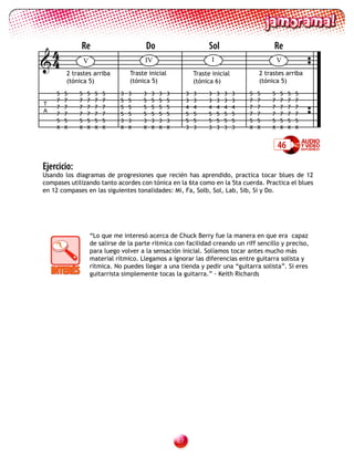 4           Re                           Do                            Sol                          Re
4               V                       IV                                 I                           V
        2 trastes arriba            Traste inicial                Traste inicial                2 trastes arriba
        (tónica 5)                  (tónica 5)                    (tónica 6)                    (tónica 5)
    5   5    5   5    5   5     3   3    3   3   3   3        3   3     3       3   3   3   5   5   5   5    5   5
    7   7    7   7    7   7     5   5    5   5   5   5        3   3     3       3   3   3   7   7   7   7    7   7
T
    7   7    7   7    7   7     5   5    5   5   5   5        4   4     4       4   4   4   7   7   7   7    7   7
A
    7   7    7   7    7   7     5   5    5   5   5   5        5   5     5       5   5   5   7   7   7   7    7   7
    5   5    5   5    5   5     3   3    3   3   3   3        5   5     5       5   5   5   5   5   5   5    5   5
    X   X    X   X    X   X     X   X    X   X   X   X        3   3     3       3   3   3   X   X   X   X    X   X


                                                                                                        46

Ejercicio:
Usando los diagramas de progresiones que recién has aprendido, practica tocar blues de 12
compases utilizando tanto acordes con tónica en la 6ta como en la 5ta cuerda. Practica el blues
en 12 compases en las siguientes tonalidades: Mi, Fa, Solb, Sol, Lab, Sib, Si y Do.




                     “Lo que me interesó acerca de Chuck Berry fue la manera en que era capaz
                     de salirse de la parte rítmica con facilidad creando un riff sencillo y preciso,
                     para luego volver a la sensación inicial. Solíamos tocar antes mucho más
                     material rítmico. Llegamos a ignorar las diferencias entre guitarra solista y
                     rítmica. No puedes llegar a una tienda y pedir una “guitarra solista”. Si eres
                     guitarrista simplemente tocas la guitarra.” - Keith Richards




                                                         
 