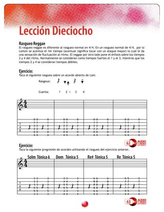 Lección Dieciocho
Rasgueo Reggae
	 rasgueo reggae es diferente al rasgueo normal en 4/4. En un rasgueo normal de 4/4, por lo
El
común se acentúa el 1er tiempo (acentuar significa tocar con un ataque mayor) lo cual le da
una sensación de fluctuación al ritmo. El reggae por otro lado pone el énfasis sobre los tiempos
2 y 4 del ritmo. Normalmente se consideran como tiempos fuertes el 1 y el 3, mientras que los
tiempos 2 y 4 se consideran tiempos débiles.


Ejercicio:

                               9 9
Toca el siguiente rasgueo sobre un acorde abierto de Lam.
		                                             •
               Rasgeuo:
                                    •

                     Cuenta:    1       2 +   3       4


 4
4

             0   0        0         0   0         0           0   0   0          0   0     0



      9 9 9 9                                              9 9               9 9
             1   1        1         1   1         1           1   1   1          1   1     1
T
             2   2        2         2   2         2           2   2   2          2   2     2
A
             2   2        2         2   2         2           2   2   2          2   2     2
B
             0   0        0         0   0         0           0   0   0          0   0     0
             X   X        X         X   X         X           X   X   X          X   X     X



Ejercicio:                                                                           62
Toca la siguiente progresión de acordes utilizando el rasgueo del ejercicio anterior.


 4 Solm Tónica 6               Dom Tónica 5                Re# Tónica 5    Re Tónica 5
4

             3   3        3         3   3         3           6   6   6          5   5     5



      9 9 9 9                                              9 9               9 9
             3   3        3         4   4         4           8   8   8          7   7     7
T
             3   3        3         5   5         5           8   8   8          7   7     7
A
             5   5        5         5   5         5           8   8   8          7   7     7
B            5   5        5         3   3         3           6   6   6          5   5     5
             3   3        3         X   X         X           X   X   X          X   X     X


                                                      3
                                                                                     63
 