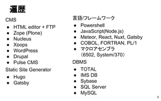 遍歴
CMS
● HTML editor + FTP
● Zope (Plone)
● Nucleus
● Xoops
● WordPress
● Drupal
● Pulse CMS
Static Site Generator
● Hugo
● Gatsby
5
言語/フレームワーク
● Powershell
● JavaScript(Node.js)
● Meteor, React, Nuxt, Gatsby
● COBOL, FORTRAN, PL/1
● マクロアセンブラ
（6502, System/370）
DBMS
● TOTAL
● IMS DB
● Sybase
● SQL Server
● MySQL
 