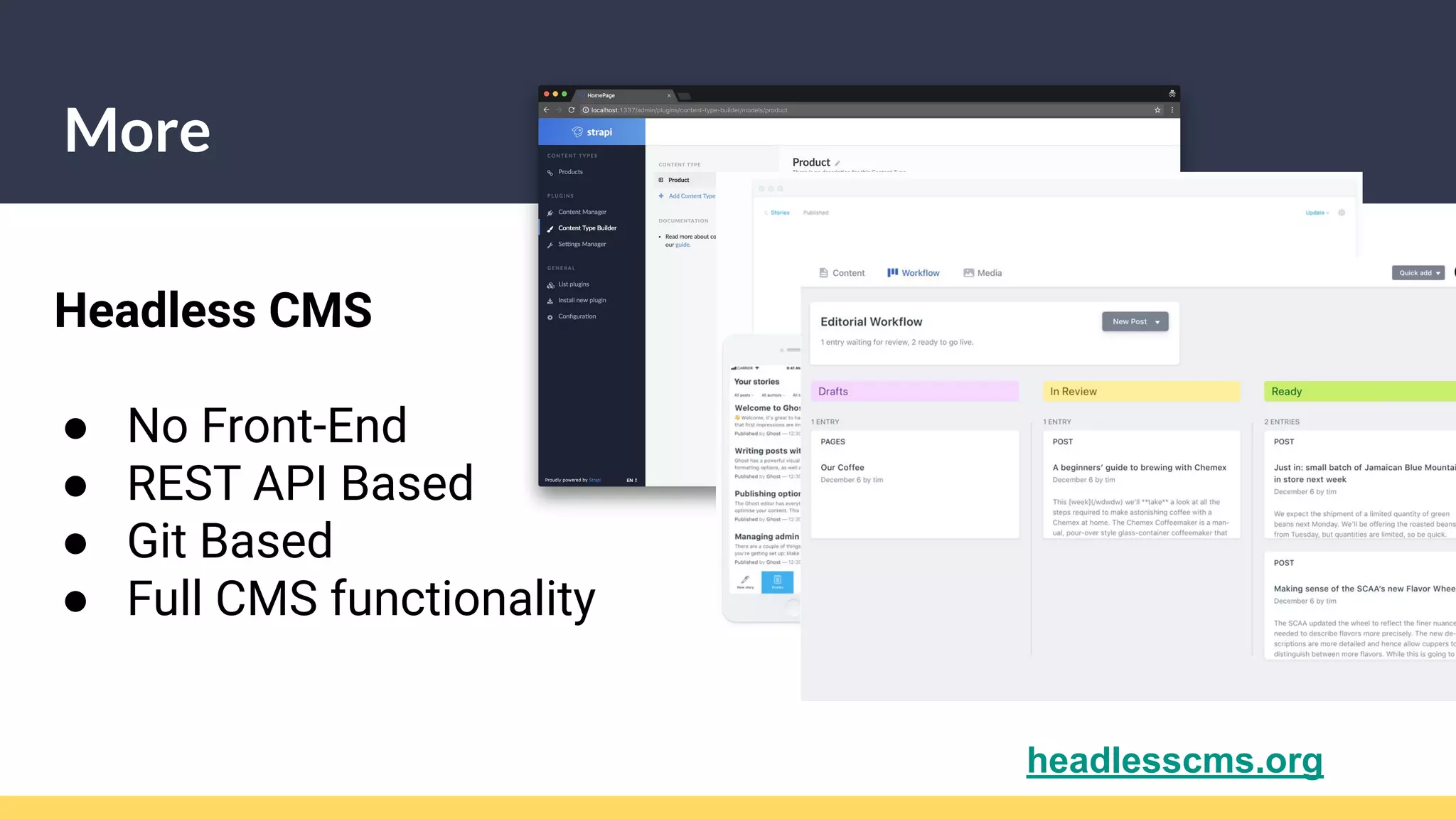 More
Headless CMS
● No Front-End
● REST API Based
● Git Based
● Full CMS functionality
headlesscms.org
 