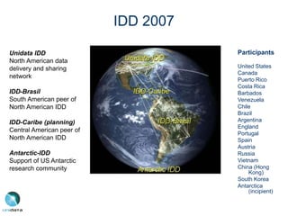 Participants
United States
Canada
Puerto Rico
Costa Rica
Barbados
Venezuela
Chile
Brazil
Argentina
England
Portugal
Spain
Austria
Russia
Vietnam
China (Hong
Kong)
South Korea
Antarctica
(incipient)
Unidata IDD
North American data
delivery and sharing
network
IDD-Brasil
South American peer of
North American IDD
IDD-Caribe (planning)
Central American peer of
North American IDD
Antarctic-IDD
Support of US Antarctic
research community
IDD 2007
 