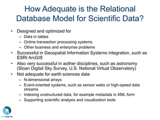 How Adequate is the Relational
Database Model for Scientific Data?
• Designed and optimized for
– Data in tables
– Online transaction processing systems
– Other business and enterprise problems
• Successful in Geospatial Information Systems integration, such as
ESRI ArcGIS
• Also very successful in aother disciplines, such as astronomy
(Sloan Digital Sky Survey, U.S. National Virtual Observatory)
• Not adequate for earth sciences data
– N-dimensional arrays
– Event-oriented systems, such as sensor webs or high-speed data
streams
– Indexing unstructured data, for example metadata in XML form
– Supporting scientific analysis and visualization tools
 