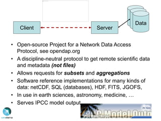 • Open-source Project for a Network Data Access
Protocol, see opendap.org
• A discipline-neutral protocol to get remote scientific data
and metadata (not files)
• Allows requests for subsets and aggregations
• Software reference implementations for many kinds of
data: netCDF, SQL (databases), HDF, FITS, JGOFS,
• In use in earth sciences, astronomy, medicine, …
• Serves IPCC model output
Client Server
Data
Data
Data
 