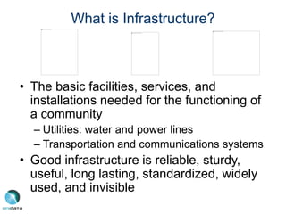 What is Infrastructure?
• The basic facilities, services, and
installations needed for the functioning of
a community
– Utilities: water and power lines
– Transportation and communications systems
• Good infrastructure is reliable, sturdy,
useful, long lasting, standardized, widely
used, and invisible
 