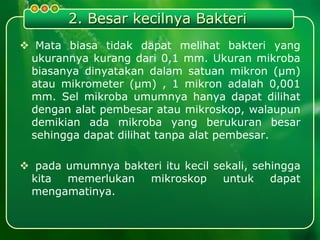 2. Besar kecilnya Bakteri
 Mata biasa tidak dapat melihat bakteri yang
ukurannya kurang dari 0,1 mm. Ukuran mikroba
biasanya dinyatakan dalam satuan mikron (µm)
atau mikrometer (µm) , 1 mikron adalah 0,001
mm. Sel mikroba umumnya hanya dapat dilihat
dengan alat pembesar atau mikroskop, walaupun
demikian ada mikroba yang berukuran besar
sehingga dapat dilihat tanpa alat pembesar.
 pada umumnya bakteri itu kecil sekali, sehingga
kita memerlukan mikroskop untuk dapat
mengamatinya.
 