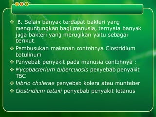  B. Selain banyak terdapat bakteri yang
menguntungkan bagi manusia, ternyata banyak
juga bakteri yang merugikan yaitu sebagai
berikut.
 Pembusukan makanan contohnya Clostridium
botulinum
 Penyebab penyakit pada manusia contohnya :
 Mycobacterium tuberculosis penyebab penyakit
TBC
 Vibrio cholerae penyebab kolera atau muntaber
 Clostridium tetani penyebab penyakit tetanus
 