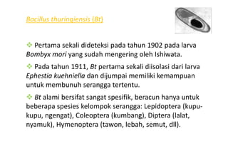 Pertama sekali dideteksi pada tahun 1902 pada larva
Bombyx mori yang sudah mengering oleh Ishiwata.
Pada tahun 1911, Bt pertama sekali diisolasi dari larva
Ephestia kuehniella dan dijumpai memiliki kemampuan
untuk membunuh serangga tertentu.
Bacillus thuringiensis (Bt)
untuk membunuh serangga tertentu.
Bt alami bersifat sangat spesifik, beracun hanya untuk
beberapa spesies kelompok serangga: Lepidoptera (kupu-
kupu, ngengat), Coleoptera (kumbang), Diptera (lalat,
nyamuk), Hymenoptera (tawon, lebah, semut, dll).
 