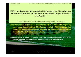 Laboratory assays were done to evaluate the effect of Bacillus thuringiensis,
neem seed kernel extract (Azadirachta indica), Vitex negundo leaf
extract, & applied separately or together, on nutritional indices of theextract, & applied separately or together, on nutritional indices of the
rice leaf-folder Cnaphalocrocis medinalis
Bt biopesticide & other 2 botanical pesticide suppressed feeding and larval
growth and low concentrations affected the larval performance
1/10/2011 38Division of Agricultural Chemicals
 