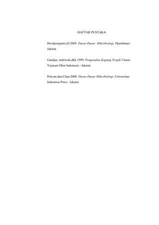 DAFTAR PUSTAKA


Dwidjoseputro,D.2005. Dasar-Dasar Mikrobiologi. Djambatan :
Jakarta


Gandjar, indriwati,dkk.1999. Pengenalan Kapang Tropik Umum.
Yayasan Obor Indonesia : Jakarta


Pelczar,dan Chan.2008. Dasar-Dasar Mikrobiologi. Universitas
Indonesia Press : Jakarta
 