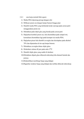3.4.1      cara karja metode blok squere
 1) Media PDA dipotong persegi dangan silet
 2) Difiksasi jarum ose dengan lampu bunsen hingga pijar
 3) Diambil media PDA yang berbentuk kotak /persegi pada cawan petri
        menggunakan jarum ose
 4) Diletakkan pada objek glas yang berada pada cawan perti
 5) Dipijarkan kembali jarum ose, lalu disentuhkan pada sampel roti,
        kemudiaan disentuhkan lagi pada keempat sisi media PDA.
 6) Dipijarkan pinset lalu diambil coverglas dan dicelupkan pada alkohol
        70% dan dipanaskan di ats uap lampu bunsen.
 7) Diletakkan coverglas diatas objek glass.
 8) Diinkubasi selama 48 jam pada suhu 370C
 9) Diambil objek glass yang sudah di inkubasi
 10) Diletakkan objaek glass dibawah mikroskop lalu diamati bentuk dan
        jenisya
 11) Diidentifikasi morfologi fungi yang didapat
 12) Digambar struktur fungi yang didapat dan terlihat dibawah mikroskop.
 